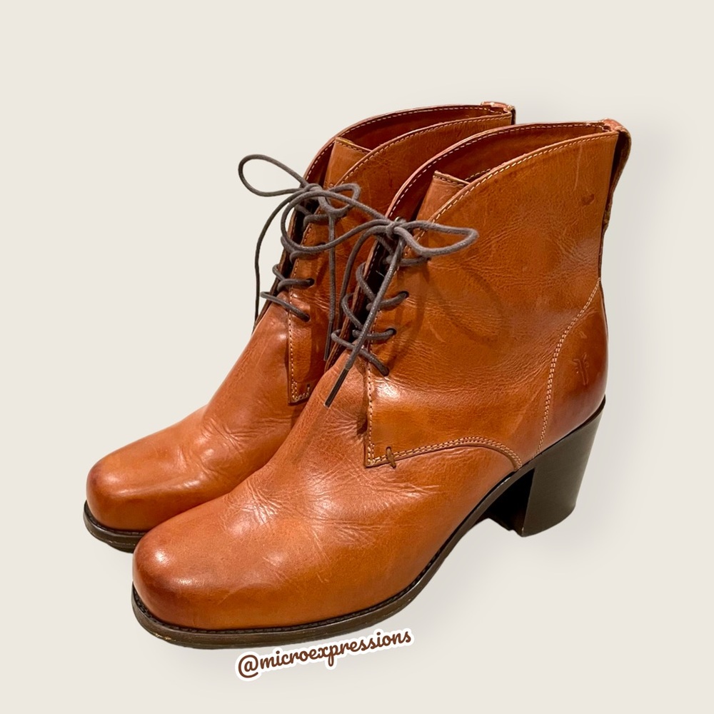 Frye Kendall Chukka Real Cognac Brown Leather Short Lace Up Heeled Ankle Boots - Picture 6 of 12